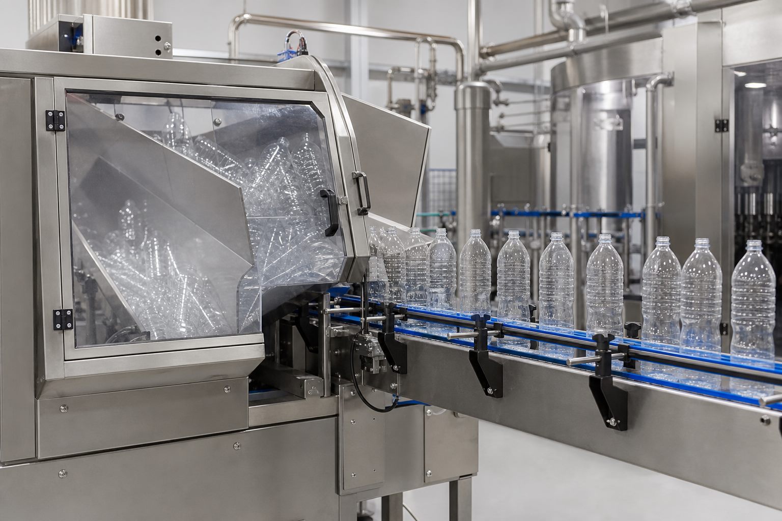 PET bottle unscrambler and air conveyor feeding empty bottles into a mineral water bottling line