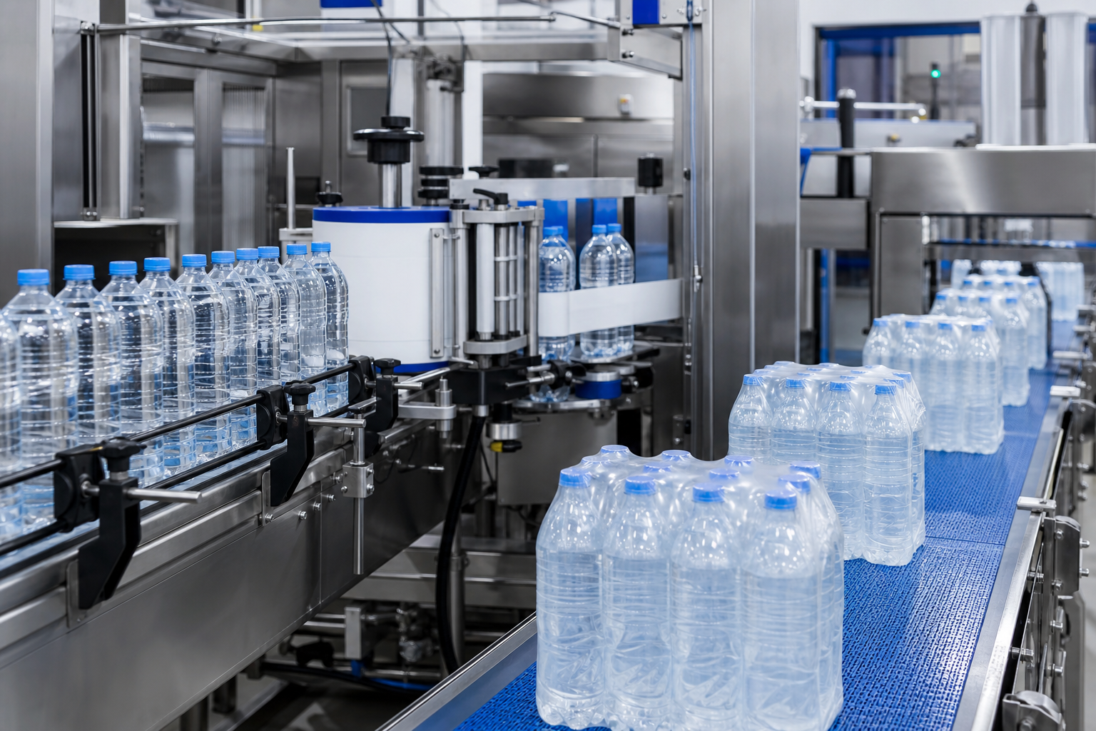 PET mineral water bottles moving through labeling and shrink packaging equipment