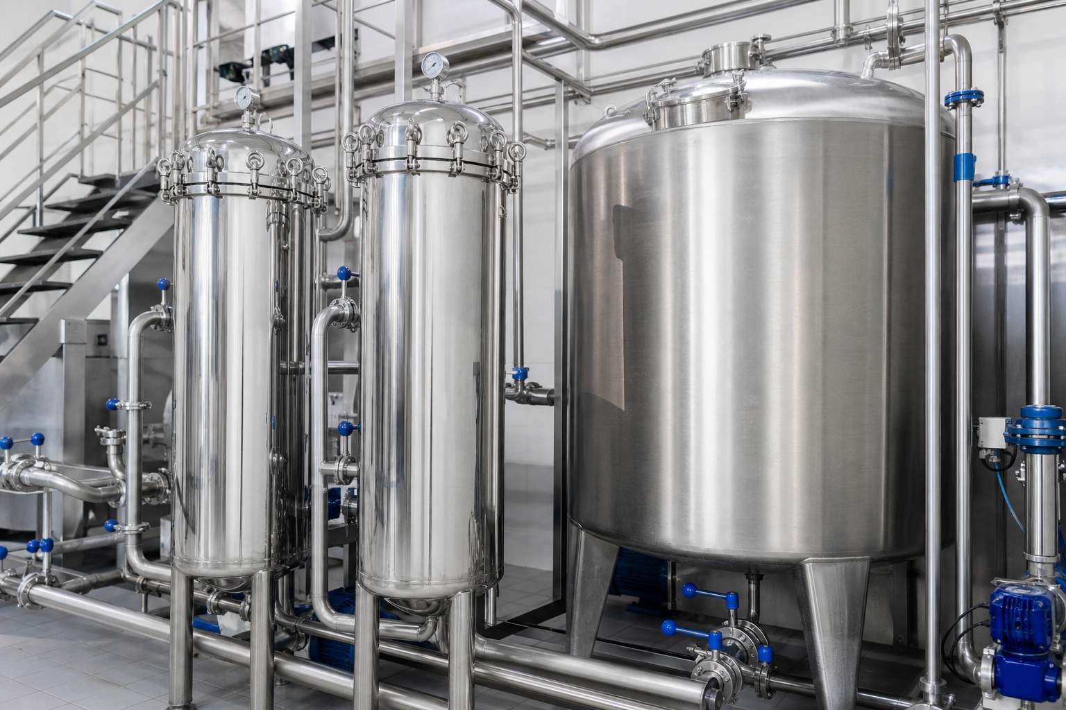Stainless steel water treatment filters and hygienic storage tank for a mineral water bottling line